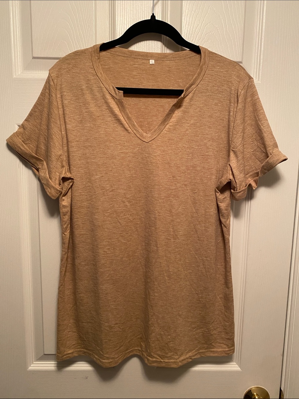 Women's V-Neck Short Sleeve Top in Tan…size L